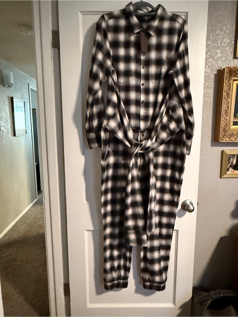 Nicholas K Black and White Plaid Flannel Tie-Waist Jumpsuit NWT size L